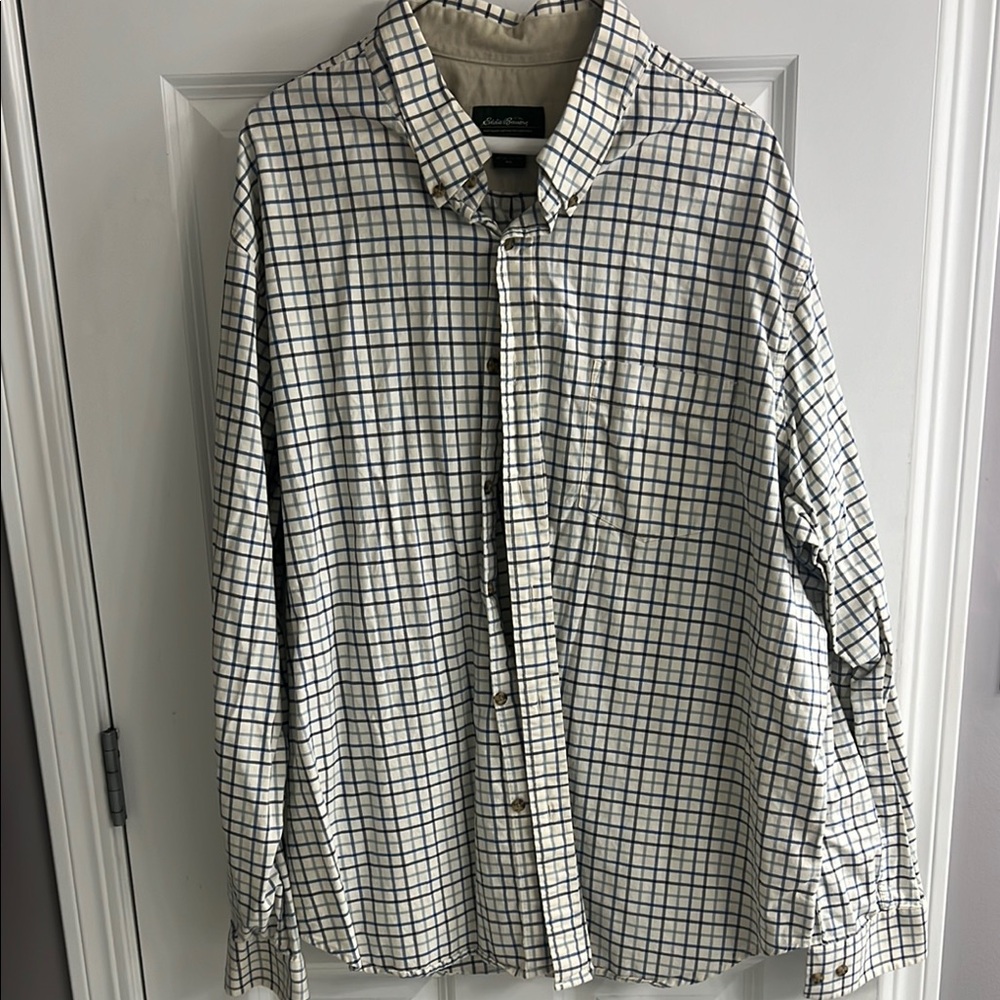 Eddie Bauer White and Blue Casual Button Down Shirt